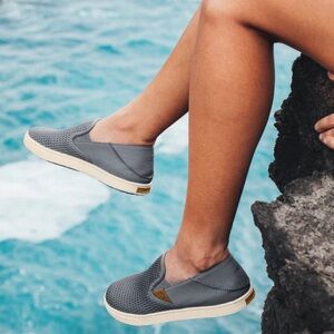 Olukai Pehuea 8.5 Slip On Mesh Summer Boat Casual Sneaker Grey Slip On Heel